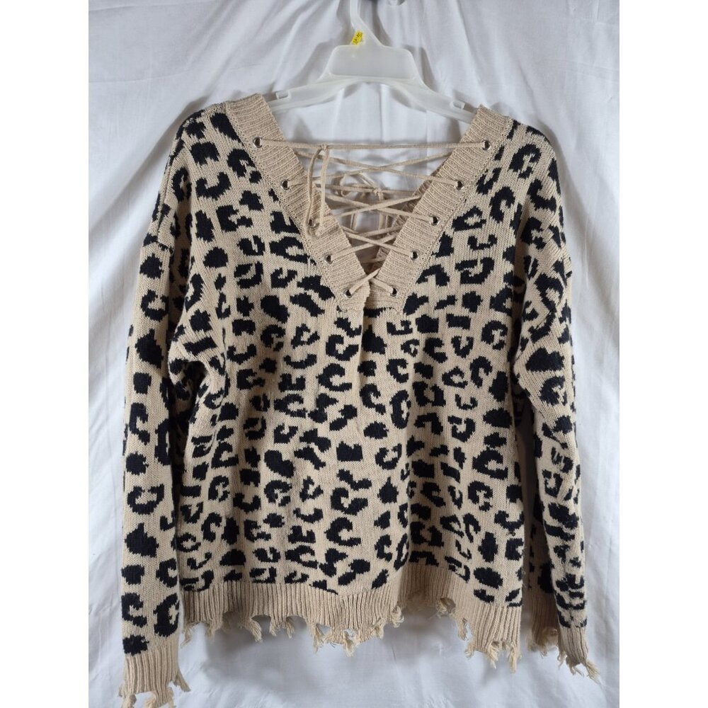 Rue + Women's Black Tan Tasseled Trellis Leopard Artsy Boho Sweater Plus Size 1X - Picture 2 of 7